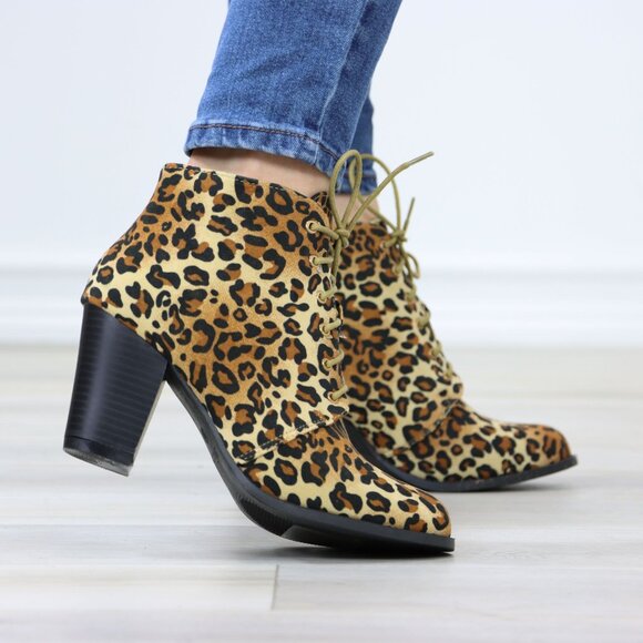 Leopard Lace-Up Block Cone High Heeled Ankle Boots Synthetic Suede Rounded Toe - Picture 5 of 10